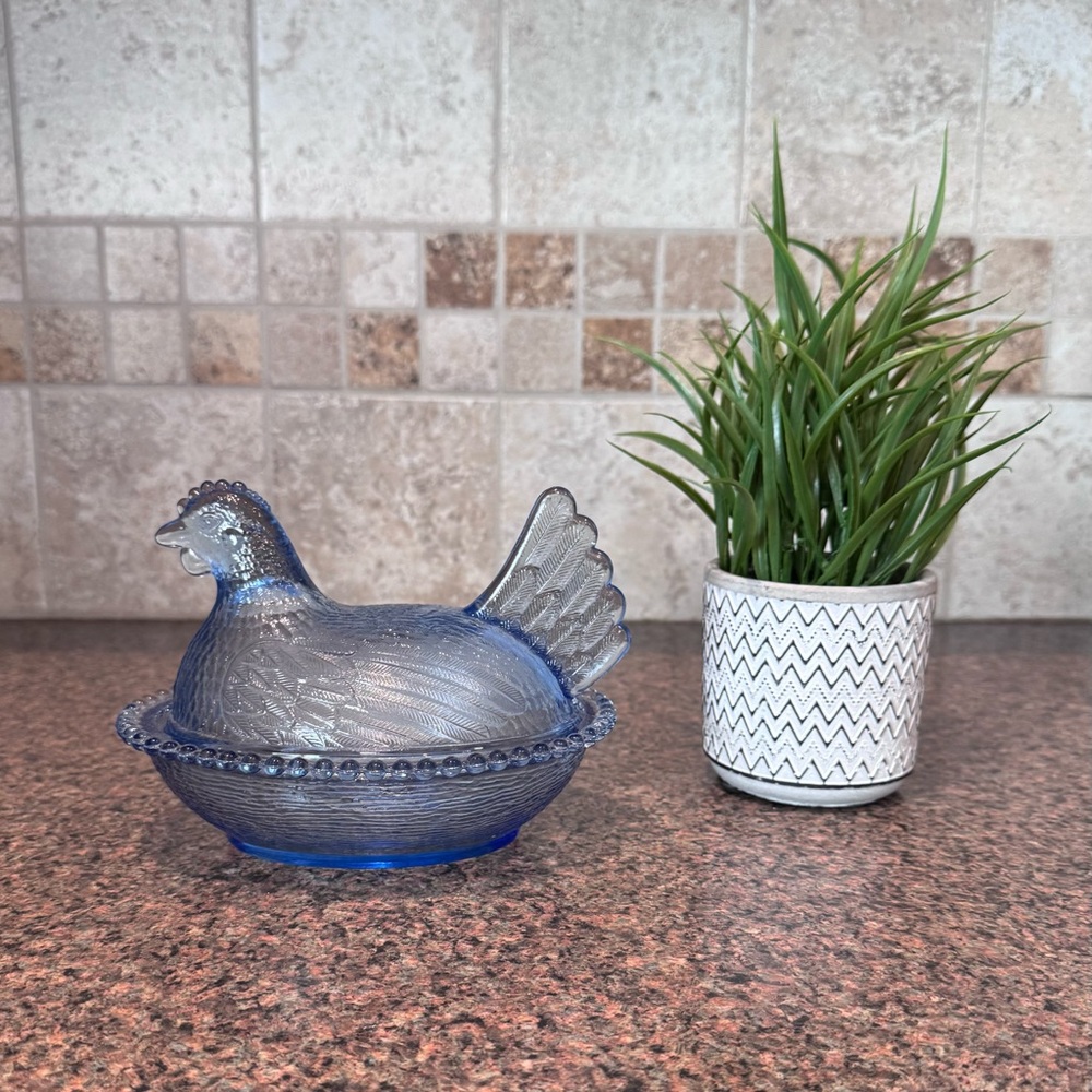 Vintage Indiana Glass “Hen On Nest” Blue Candy Dish, 2 PC, 7 inches